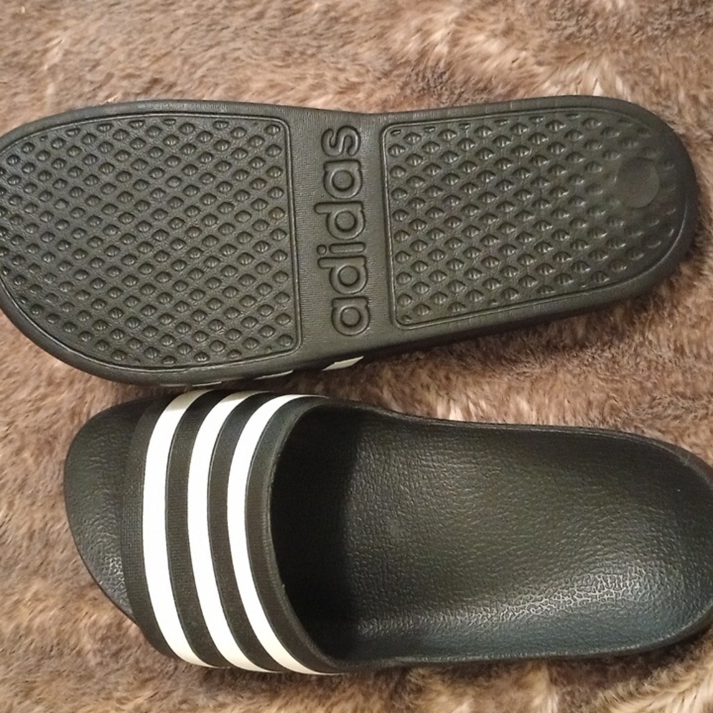 Adidas Black Slides with White Stripes